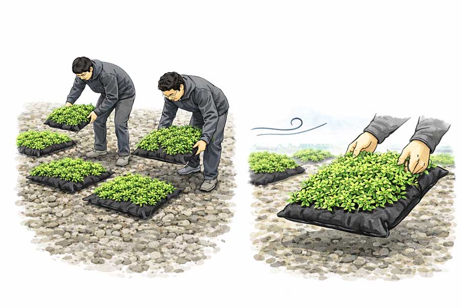 座布団状の袋方式屋上緑化を人の手で持ち上げて設置・移動している様子を示すイラスト