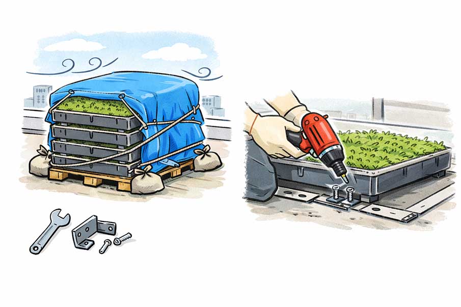 工具を使用して固定されたトレー式屋上緑化を取り外す様子と、養生されたトレーの保管状態を示すイラスト